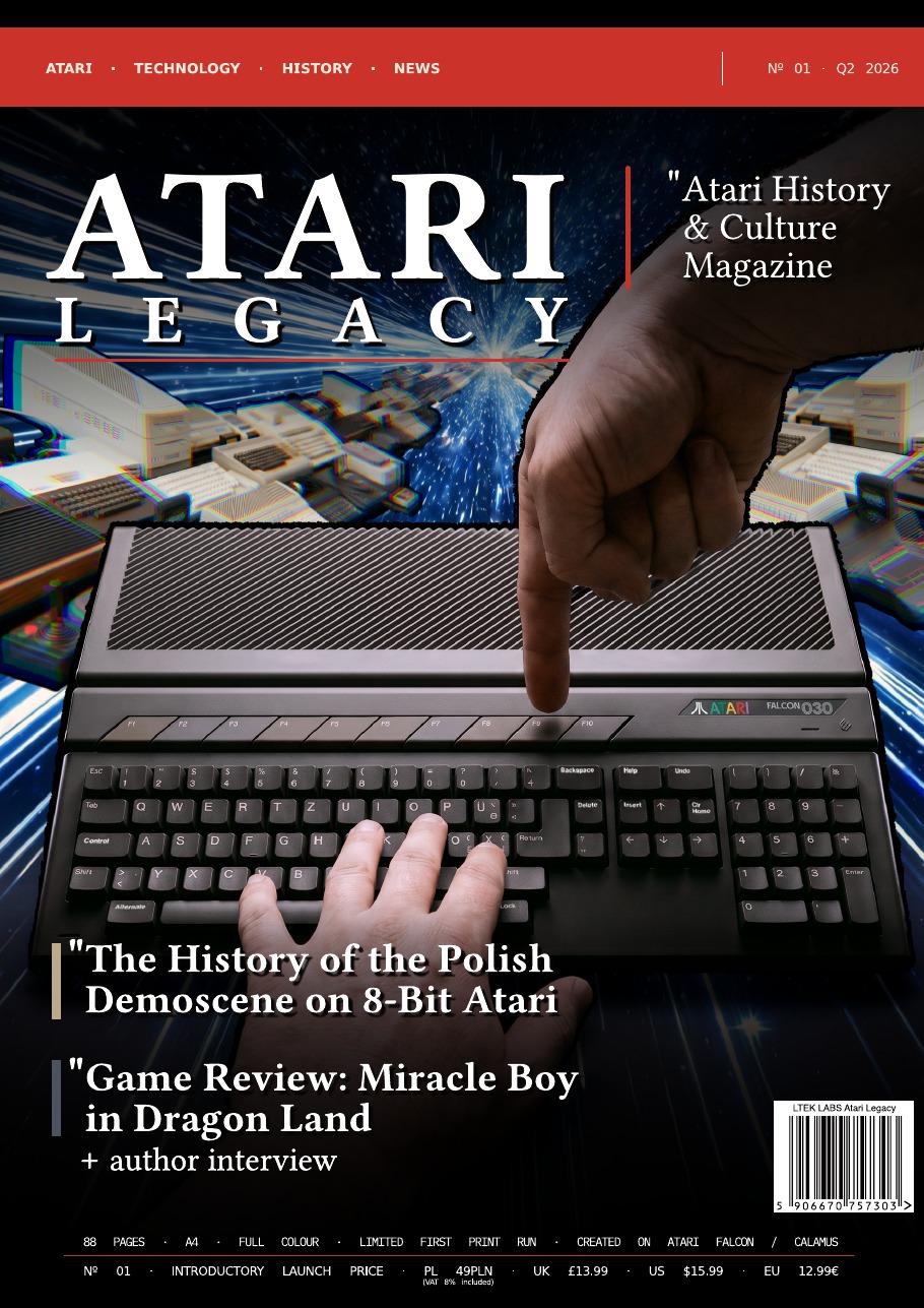 Atari Legacy Issue 01 cover &mdash; an Atari Falcon030 keyboard against a cosmic background.