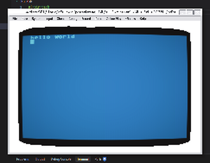 The Altirra emulator window showing an Atari blue screen with the words 'hello world' printed in the top-left corner.