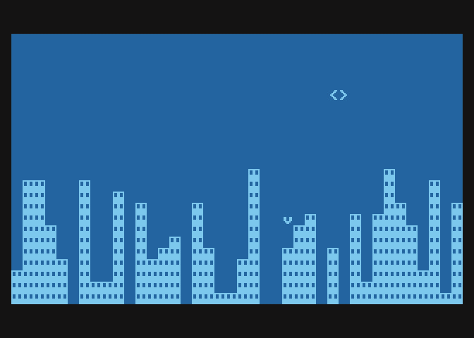 Atari 8-bit text screen showing a skyline of inverse-video quote characters forming buildings of varying height.